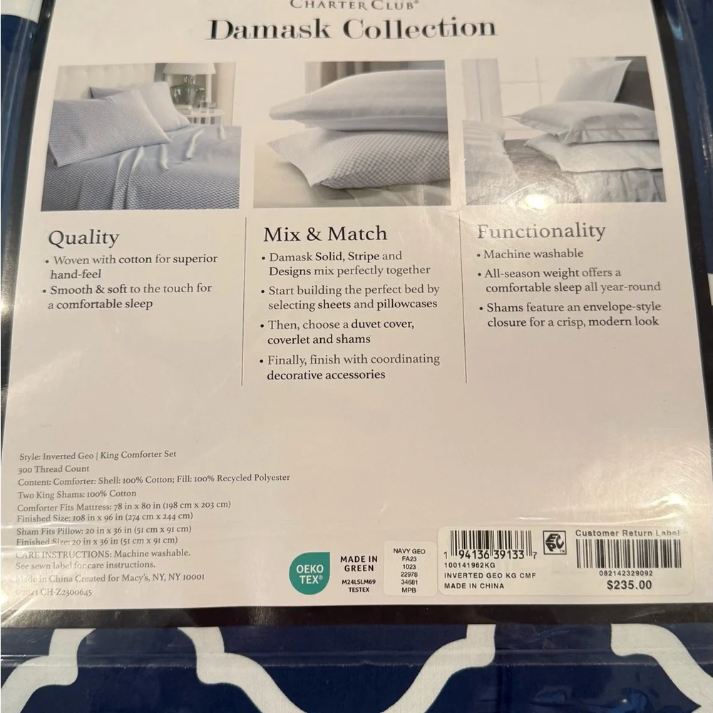 Geometric Navy/White 3-Pc. Comforter Set, King, Exclusively at Macy's MSRP $235